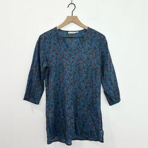Roller Rabbit Blue Floral Kurta Tunic Top 3/4 Sleeve Boho Resort Wear size Small